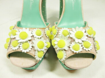 【ツルバイマリコオイカワ】 小花装飾♪ ストラップサンダル ハイヒール (レディース) size38 グリーン×ピンク ○8LZ2976○ 【中古】
