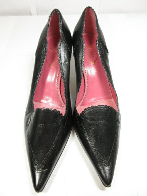 美品【デルブレンタDELBRENTAVenice】ポインテッドトゥレース風装飾パンプスヒール(レディース)size37.5ブラック◇18LZ3162◇【中古】