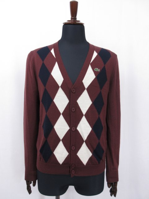美品【ラコステ LACOSTE】ウール 長袖ニットカーディガン (メンズ) size3 ブラウン系 ダイヤ柄 AH859E ◇25MN3735◇【中古】