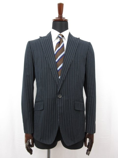 【Aquascutum アクアスキュータム】 シングル1ボタン コットンジャケット (メンズ) size36 ネイビー ストライプ柄 ■28MJ9292■【中古】