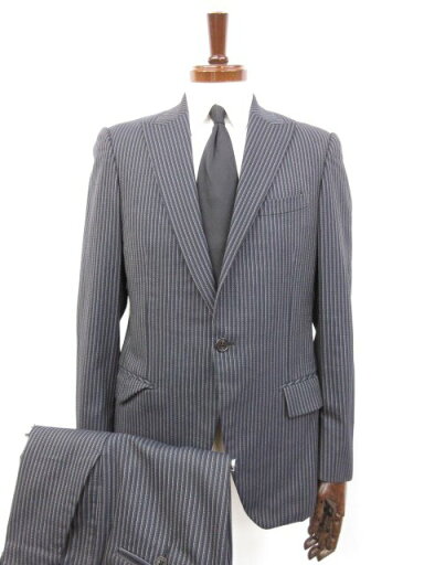 美品 【ジョセフオム JOSEPH HOMME】ウール100% シングル1ボタン スーツ (メンズ) size46/48 ネイビー系 ストライプ織柄 □34RMS9915 【中古】 美品 【ジョセフオム JOSEPH HOMME】ウール100% シングル1ボタン スーツ (メンズ) size46/48 ネイビー系 ストライプ織柄 □34RMS9915 【中古】
