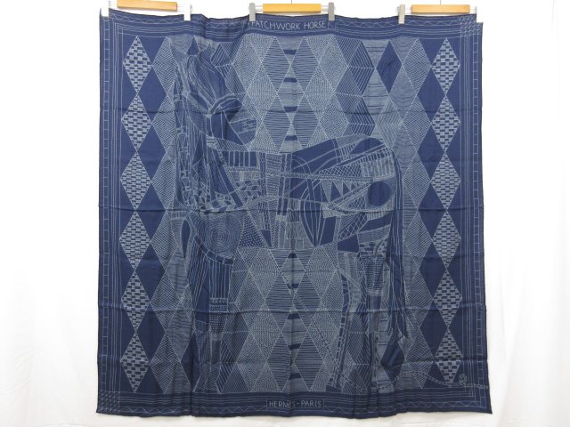 未使用【エルメス HERMES】 PATCHWORK HOUSE カレジェアン140 カレ140 大判 カシシル カシミヤ70シルク30 ストール ネイビー■5HT2469■　【中古】