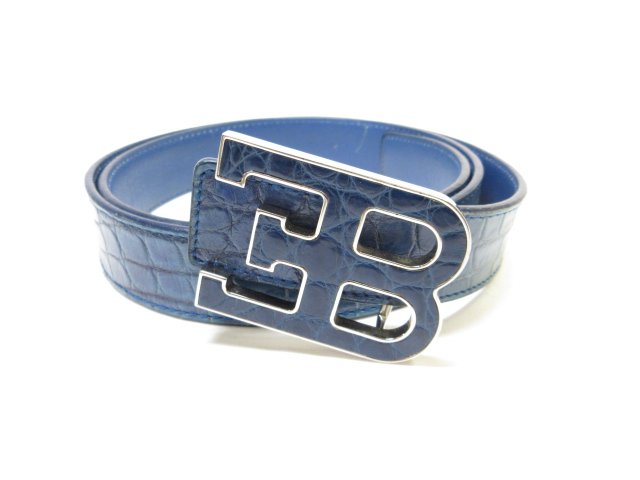 美品 【ブガッティ BUGATTI】 ロゴバックルデザイン♪ クロコダイルレザーベルト (メンズ) ブルー系 ■10HT2361■【中古】