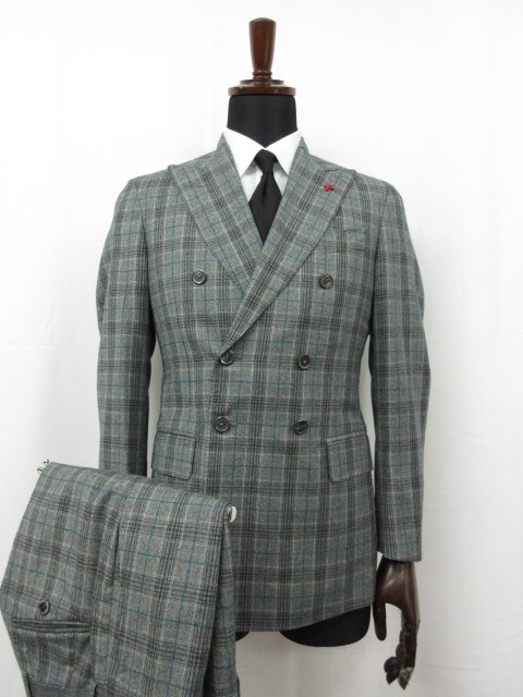 美品 【イザイア ISAIA】 GREGORIO SUPER130 039 s ダブル6ボタン スーツ (メンズ) size44-8C グレー系 グレンチェック×格子 伊製 ■27HR3578【中古】