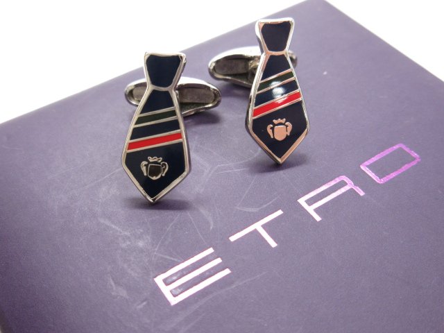 美品 【エトロ ETRO】 ネクタイモチーフ カフス カフリンクス カフスボタン (メンズ) シルバー925 ネイビー系 ■7CC1100■【中古】