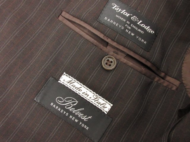 美品 【 ベルベスト×バーニーズニューヨーク】テーラー＆ロッジ生地 3B スーツ (メンズ) 42/8DROP ブラウン ストライプ柄□32RMS9974□　【中古】