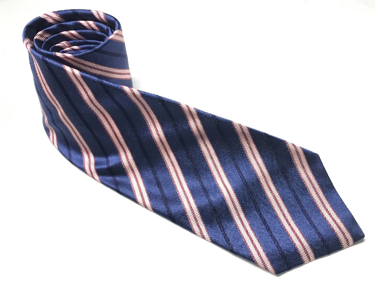 極美品 【キートン キトン Kiton】 ストライプ レジメン柄 シルク 絹 ネクタイ (メンズ) 微光沢 ネイビー×レッド×ピンク 伊製□27KSM0356 【中古】
