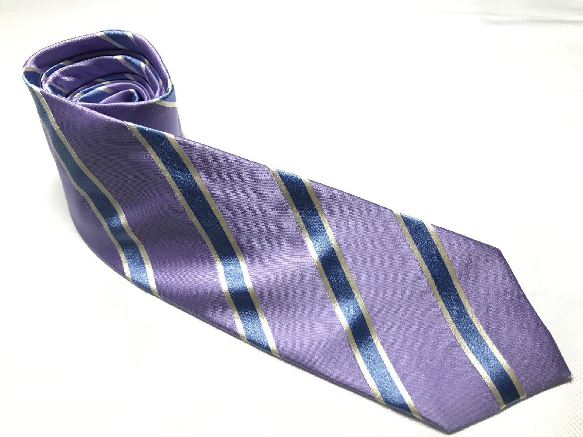 【ルイジボレッリ LUIGI BORRELLI】 ストライプ レジメン柄 シルク ネクタイ (メンズ) 微光沢 紫×青×白 イタリア製 □27KSM0137 【中古】