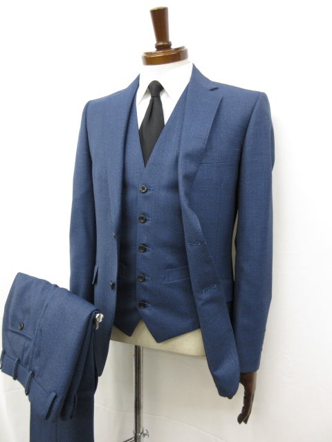 極美品【吉田スーツ 】カノニコ生地 シングル2ボタン 3ピーススーツ (メンズ) 44相当 ネイビー系 ナチュラルな織柄 ◯32RMS0527◯ 【中古】