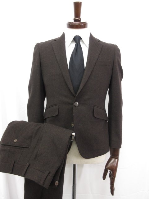 美品【ブレフ bref】ウール素材 シングル2ボタン スーツ (メンズ) size40相当 ダークブラウン系 ナチュラルな織柄 ◯32RMS0618◯ 【中古】