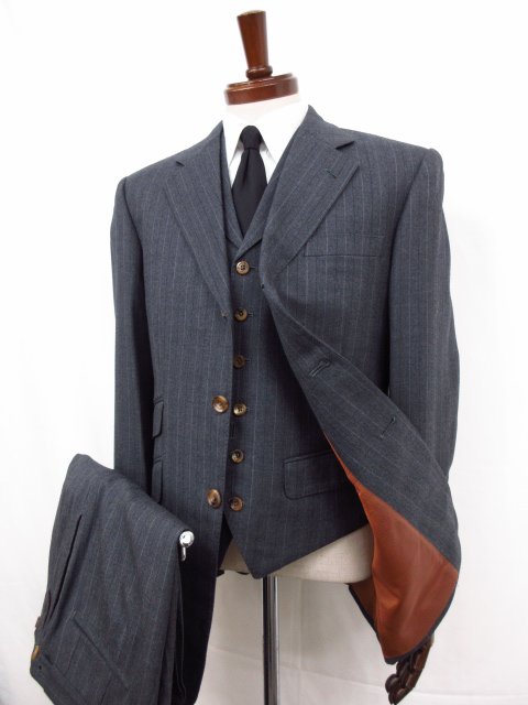 超美品【ギーブス&ホークス GIEVES & HAWKES】3ボタン段返り 3ピーススーツ (メンズ) size96-84-175 グレー系 ストライプ柄 ◯32RMS0712◯ 【中古】