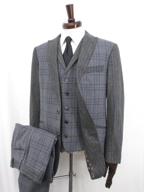超美品【エトロ ETRO】JK142-1A965-0098 裏地総柄 2ボタン 3ピーススーツ (メンズ) 48 グレー系 チェック×ストライプ柄 伊製 ◯32RMS0740 【中古】
