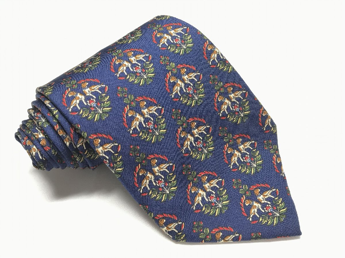 超美品 【サルヴァトーレフェラガモ Salvatore Ferragamo】 総柄 プリント 絹 シルク ネクタイ (メンズ) ネイビー系 伊製 ◯27KSM1122 【中古】