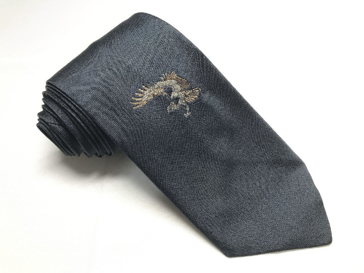 【ドミニクフランス dominique france】 鳥 刺繍 ネクタイ (メンズ) 微光沢 暗めのネイビー ◯27KSM1240 【中古】