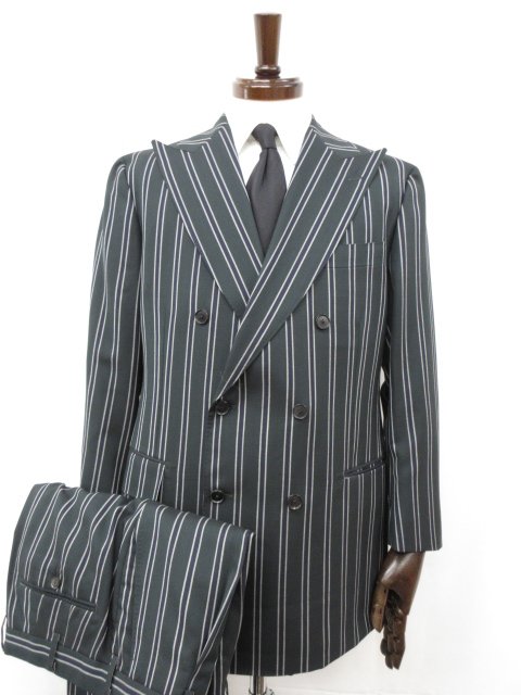 極美品【サルトリアアマルフィ sartoria amalfi】アリストン生地 ダブル6B スーツ (メンズ) 52相当 グリーン系 ストライプ柄◯32RMS0778◯ 【中古】
