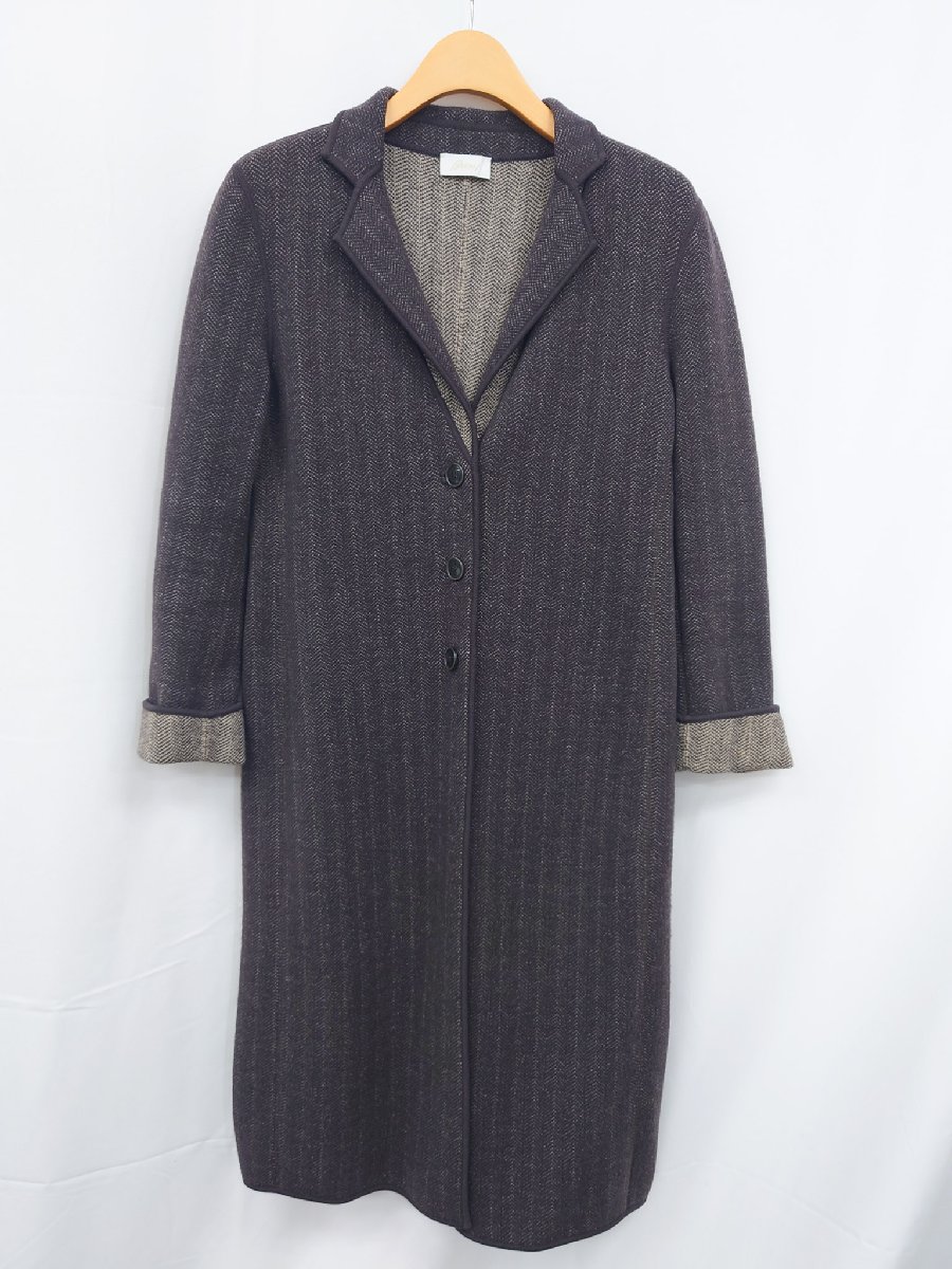 超美品【ブリオーニ Brioni】8C0003 ヘリンボーン風織柄 最高級ニットチェスターコート (レディース) 44R ブラウン系 伊製 ◯17HT2880◯ 【中古】