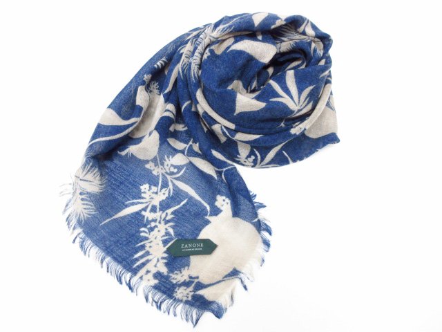 未使用【ザノーネ ZANONE】820014 ZM258 Z5346 定価47300円 シルク×カシミヤ混 大判ストール マフラー (メンズ) ボタニカル 紺◯10SLG0086 【中古】