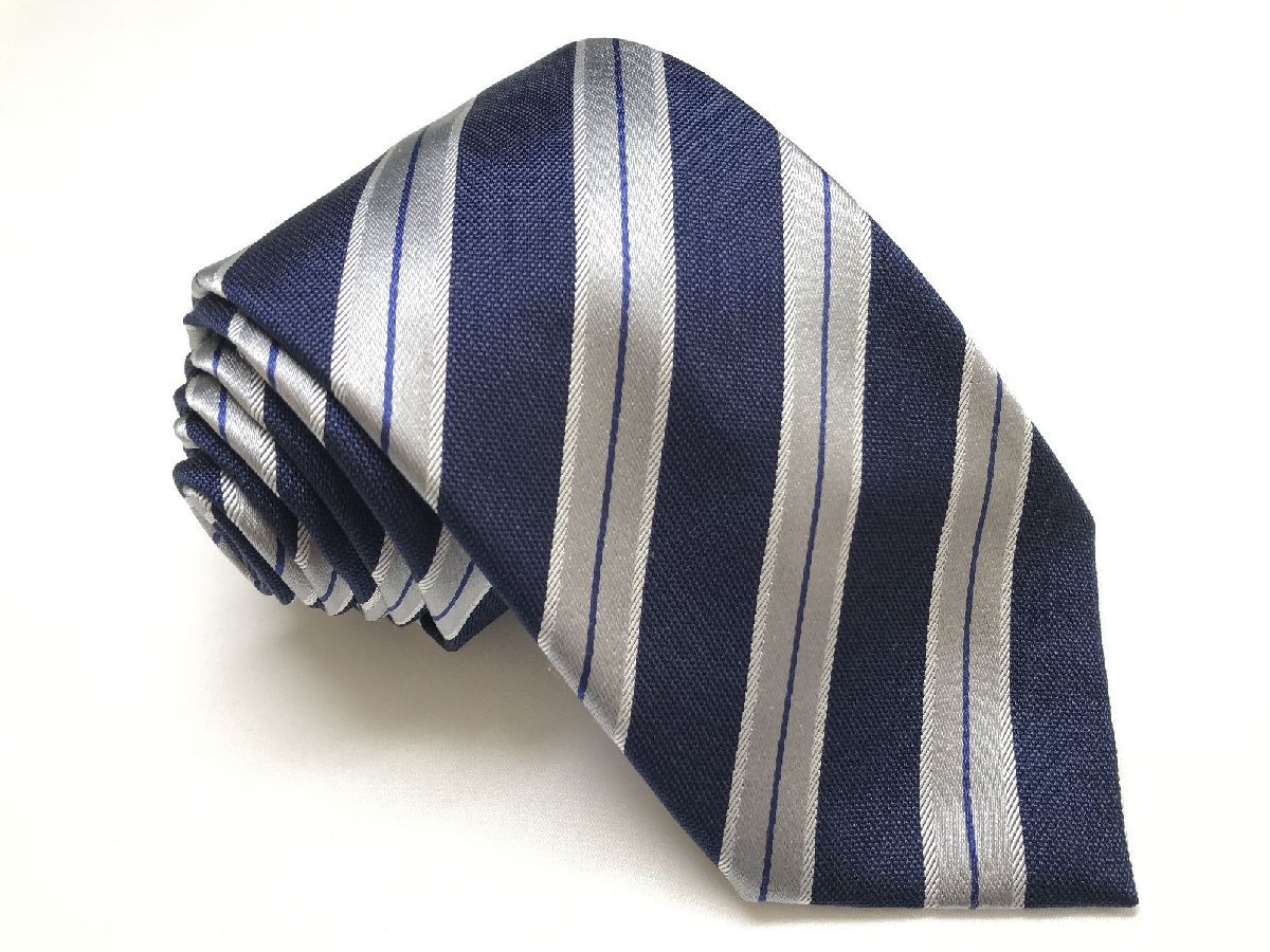 超美品 【コルネリアーニ CORNELIANI】 ストライプ レジメン柄 シルク 絹 ネクタイ (メンズ) ライトグレー×ネイビー 伊製 ◯27KSM1580【中古】