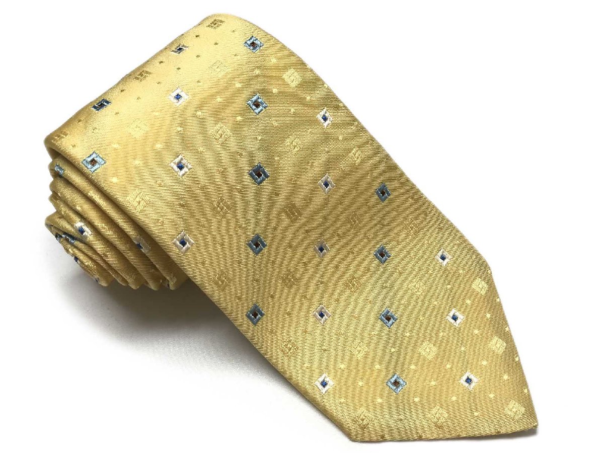 美品 【ルイジボレッリ LUIGI BORRELLI】 小紋柄 織柄 シルク 絹 ネクタイ (メンズ) 微光沢 イエロー系 イタリア製 ◯27KSM1863【中古】