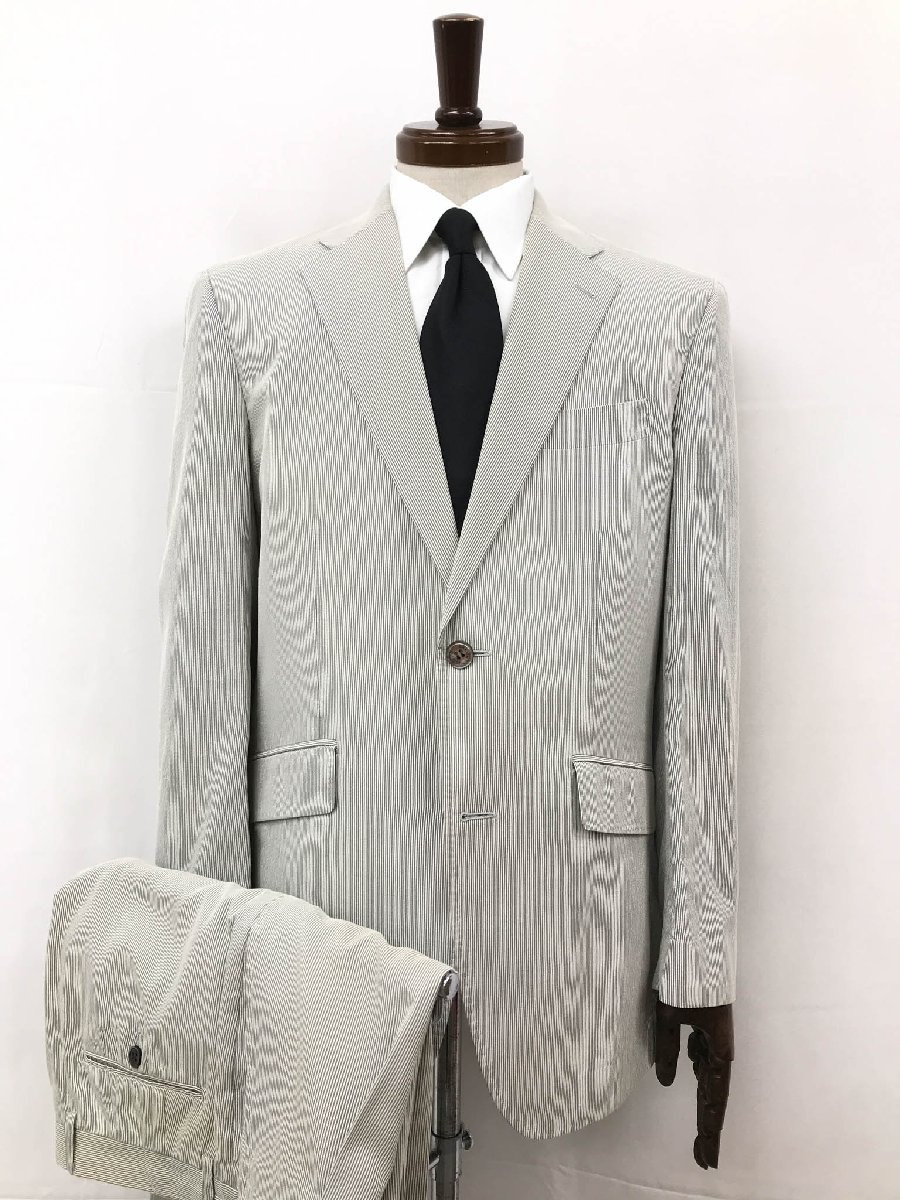 超美品【ランバンコレクション LANVIN COLLECTION】 シルク×綿 ストライプ織柄 2Bスーツ (メンズ) sizeR48-45 灰 178-458 151 ◯33RMS1027 【中古】