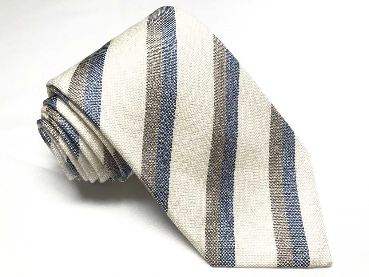 美品 【ルイジボレッリ LUIGI BORRELLI】 ストライプ レジメン柄 シルク×麻 ネクタイ (メンズ) 白×青×茶 イタリア製 ◯27KSM1938【中古】