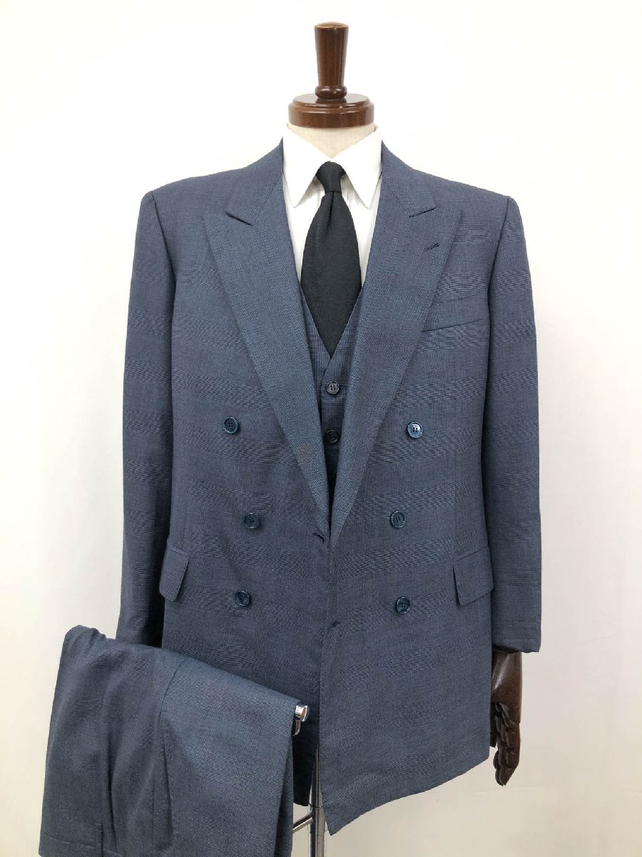 美品【ANGELO ROMA アンジェロローマ 】 カシミア100％ ダブル6B 3ピーススーツ (メンズ) size50～52相当 ネイビー系 織柄 ◯33RMS1376○　【中古】