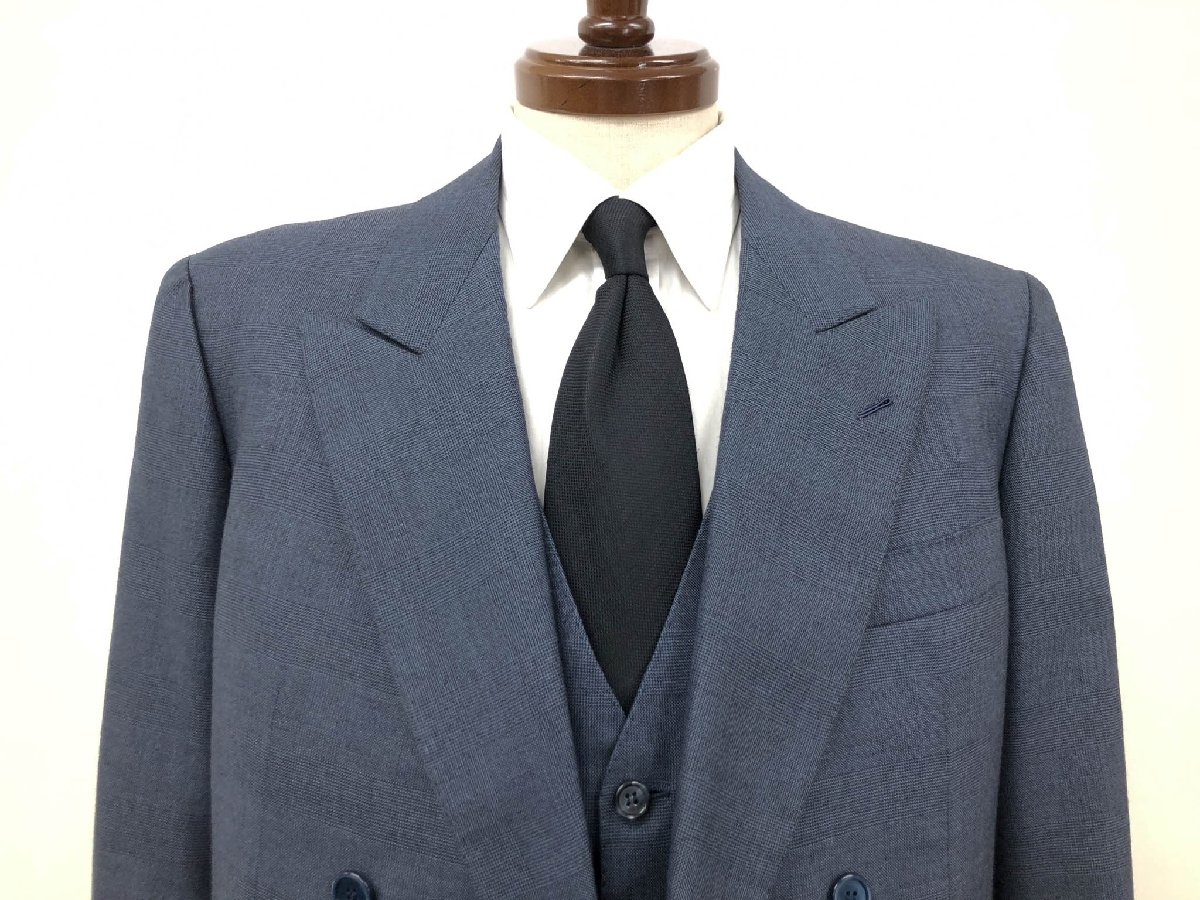 美品【ANGELO ROMA アンジェロローマ 】 カシミア100％ ダブル6B 3ピーススーツ (メンズ) size50～52相当 ネイビー系 織柄 ◯33RMS1376○　【中古】