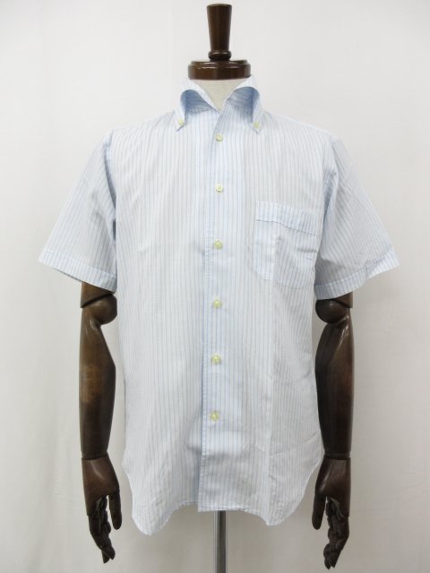 超美品【ポールスチュアート Paul Stuart】 ラメ糸混 ボタンダウン半袖シャツ (メンズ) sizeM 水色系 ストライプ柄 4NW29-253-25◇...