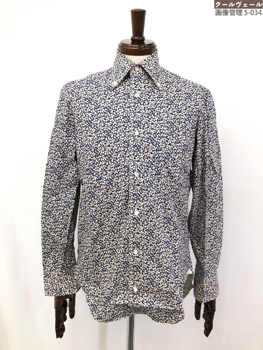 美品【バルバ BARBA】 コットン100% ボタンダウンシャツ (メンズ) size37/14(1/2) ネイビー×アイボリー 総柄 イタリア製 ◇33MK5343◇ 【中古】