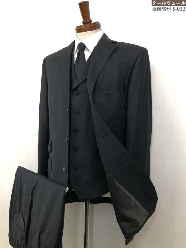 美品【サカエヤ】 ゼニアトロフェオ生地 シングル3ボタン3ピーススーツ (メンズ) size52~54相当 ブラック×紺 ストライプ柄 ◇33RMS1813 【中古】 美品【サカエヤ】 ゼニアトロフェオ生地 シングル3ボタン3ピーススーツ (メンズ) size52~54相当 ブラック×紺 ストライプ柄 ◇33RMS1813 【中古】