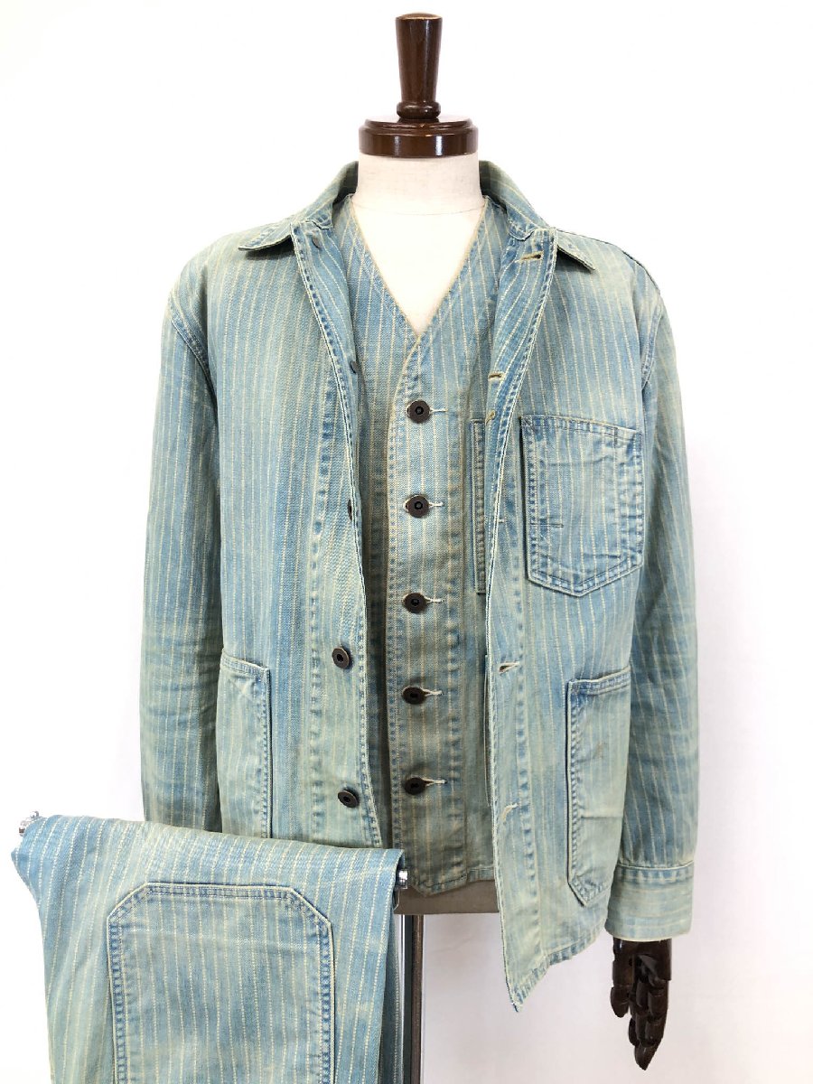 超美品【RRL ダブルアールエル】R51-RE オーバーオールズ ウォバッシュストライプ デニム セットアップ 3ピース S/P 31×30 ◇32RMS2372　【中古】