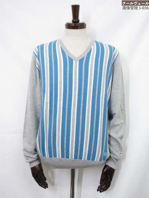 超美品【Conte of Florence コンテオブフローレンス】綿100% ストライプ Vネック 長袖ニット (メンズ) sizeXL グレー×青系 ◇38...