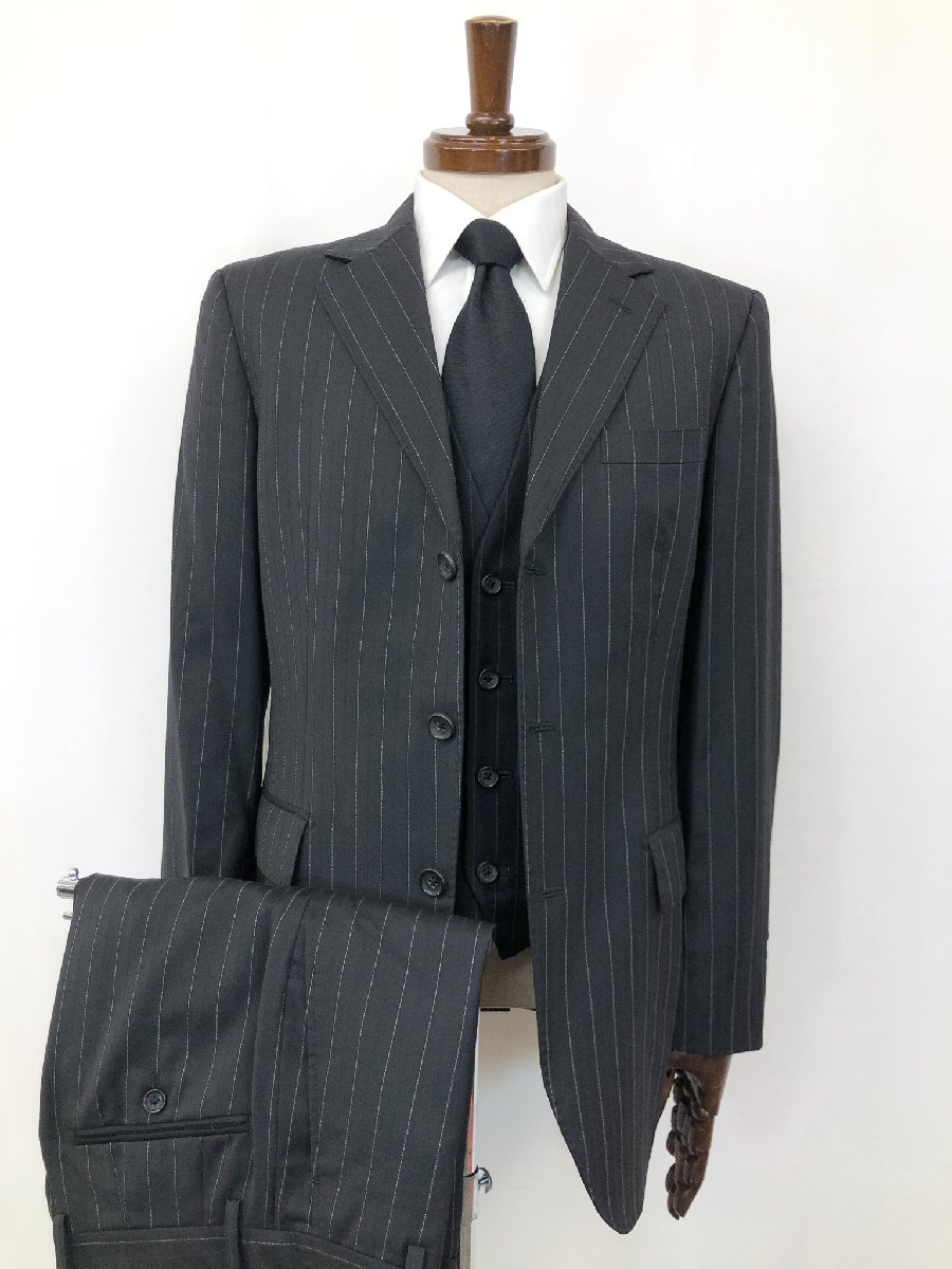 【COMME CA COLLECTION コムサコレクション】チェルッティ生地 シングル3ボタン ストライプ 3ピーススーツ (メンズ) M ブラック◇35RMS2491　【中古】