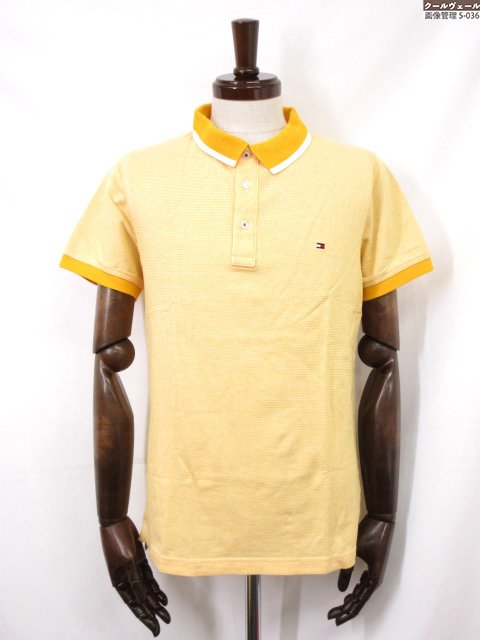 超美品【TOMMY HILFIGER トミーヒルフィガー】SLIM FIT コットン100％ ロゴ刺繍 半袖ポロシャツ (メンズ) sizeM オレンジ系 織柄◇33MT6..