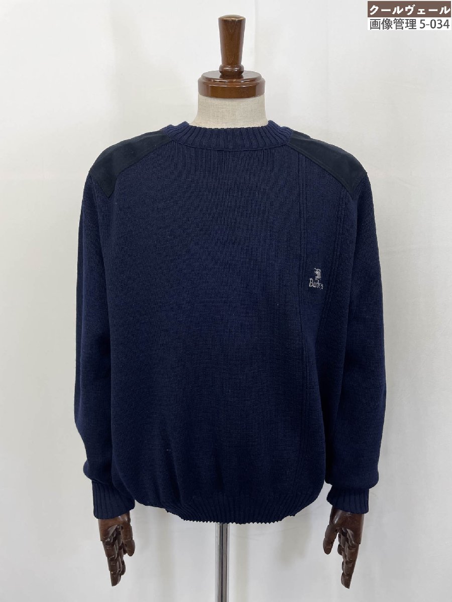超美品【バーバリーズ Burberrys'】 ウール100% エルボーパッチ 生地切替 クルーネックニット (メンズ) sizeL ネイビー 英国製 ◇33MN...