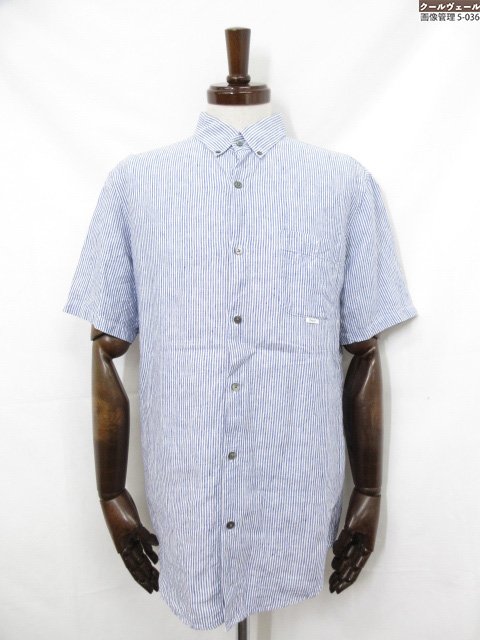 超美品【PAPAS パパス】 D0493FBS044 リネン100% ストライプ柄 ボタンダウン 半袖シャツ (メンズ) size50/L ブルー系 ◇38MK...