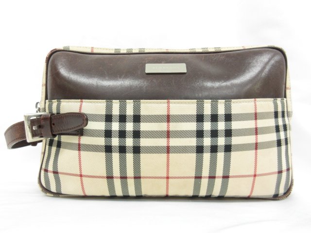 【BURBERRY バーバリー】 BBチェック柄 セカンドバッグ 2ポケット ナイロン×レザー (メンズ) ベージュ系 ■5MG2495■【中古】