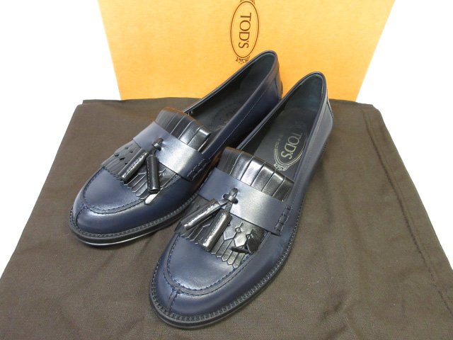 未使用 【トッズ TOD'S】 レザー タッセルローファー スリッポン バイカラー 婦人靴 (レディース) size38 ネイビー×ブラック ■30LZ4498■【中古】