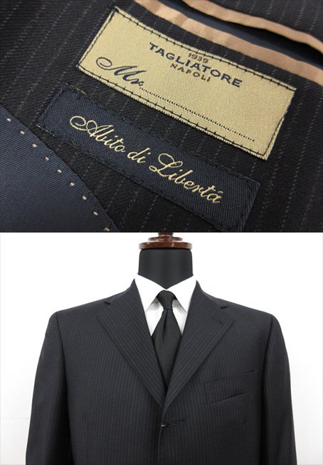 未使用【TAGLIATORE NAPOLI 1939 タリアトーレ】 SUPER100's 3ボタン スーツ (メンズ) 46 ネイビー系 ストライプ 伊製 TA700/18■27SLJ0642　【中古】