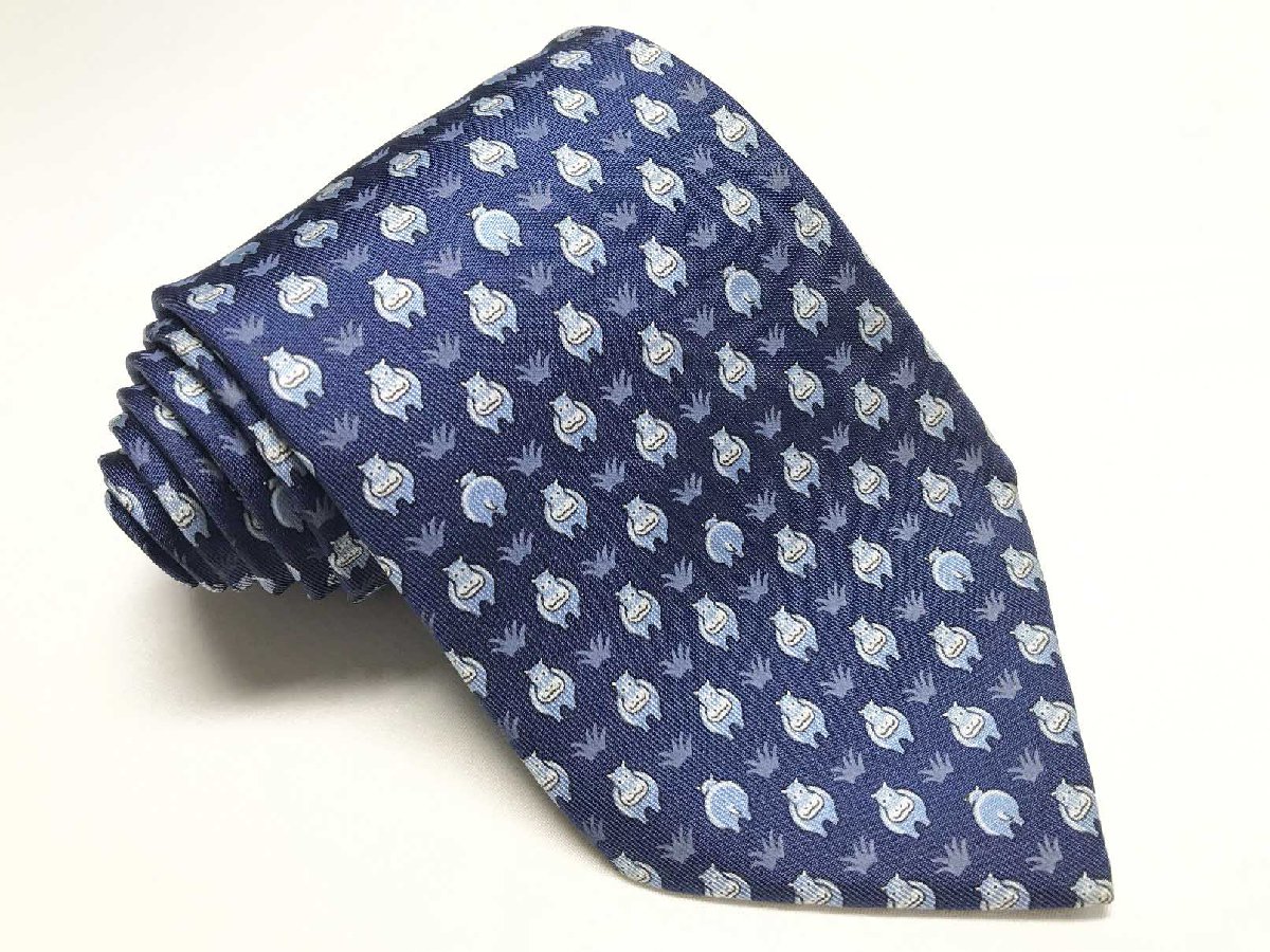 【エルメス HERMES】 カバ 総柄 プリント シルク 絹 ネクタイ (メンズ) ネイビー×ブルー フランス製 ◯27KSM1418【中古】