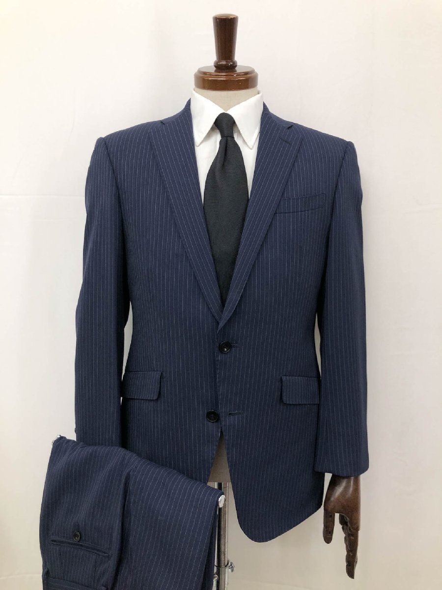 【SUIT SELECT スーツセレクト】BLL1400 シルク混 シングル2ボタン スーツ (メンズ) sizeA5 ネイビー ストライプ柄 ◯32RMS1041 【中古】