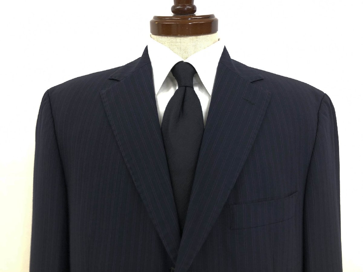 【BOSS ヒューゴボス HUGO BOSS】ウール100％ シングル3ボタン スーツ (メンズ) size48 ネイビー ストライプ柄 濃紺 ◯32RMS1532◯【中古】