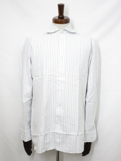 【GaGa PIAZZA DEI MARTIRI】 コットン100% ストライプ柄 ワイドカラー 長袖シャツ (メンズ) 39 ホワイト×ブルー×グレー系 ◇3...