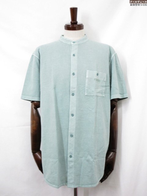 超美品【Papas パパス】 コットン100% 鹿の子生地 バンドカラー半袖シャツ (メンズ) sizeM ライトグリーン系 D04123UB 002 ◇33M...