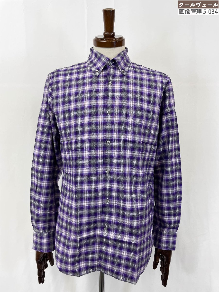 未使用【ランバン LANVIN】 LA-WR-77001 コットン100% チェック柄 ボタンダウン 長袖シャツ (メンズ) size48 パープル系 ◇38M...