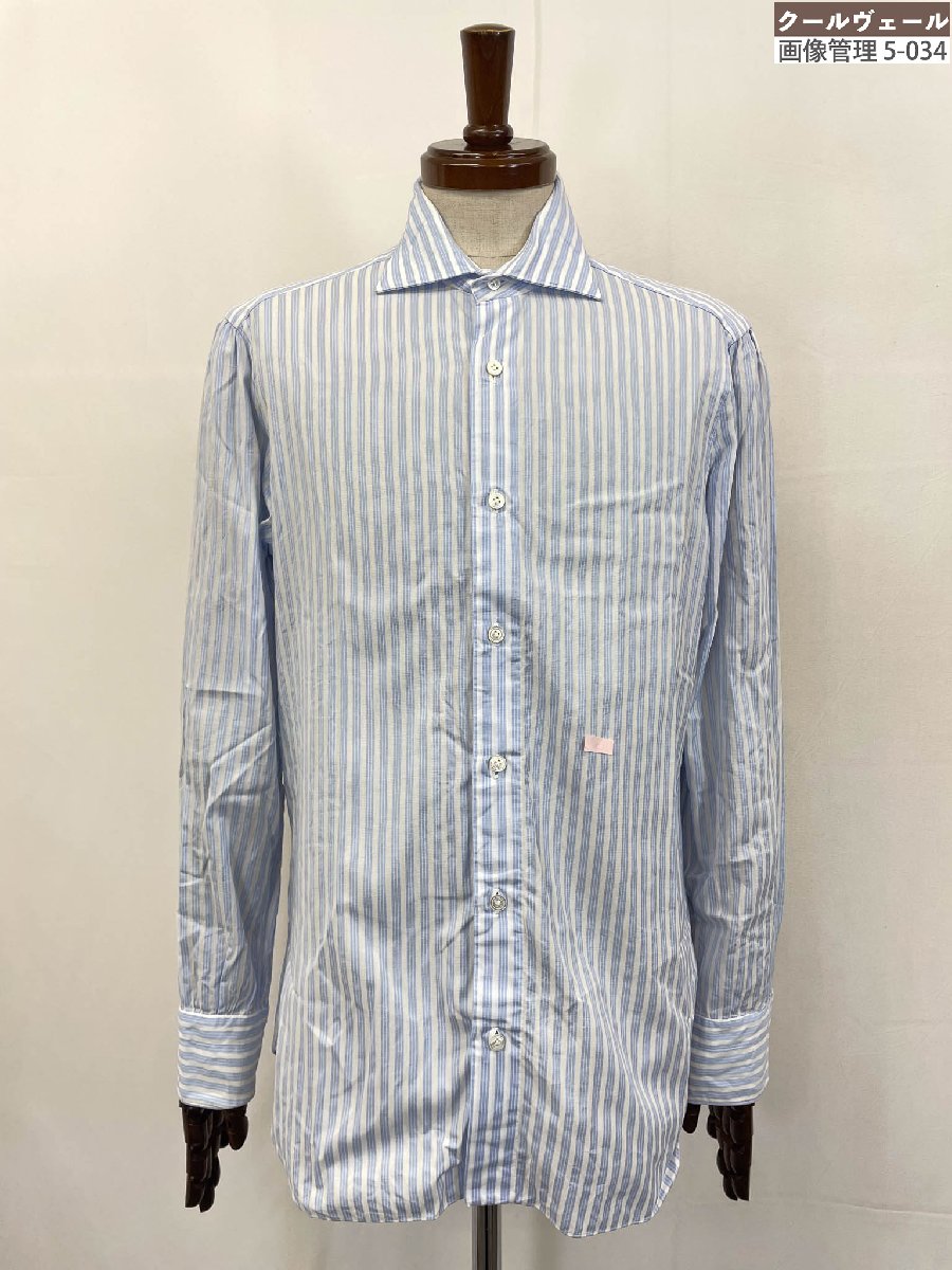 超美品【V.C NAPOLI】 コットン100% ホリゾンタルカラー長袖シャツ (メンズ) size16/41 水色 ストライプ柄 伊製 ◇33MK6398◇ ...