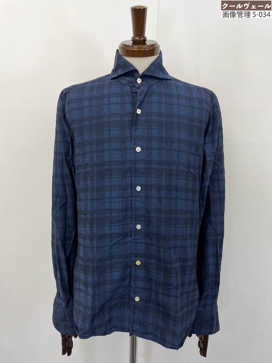 美品【Finamore フィナモレ】コットン100% チェック柄 ホリゾンタルカラー 長袖シャツ (メンズ) size41 ネイビー系 ◇38MK6406◇ 【...