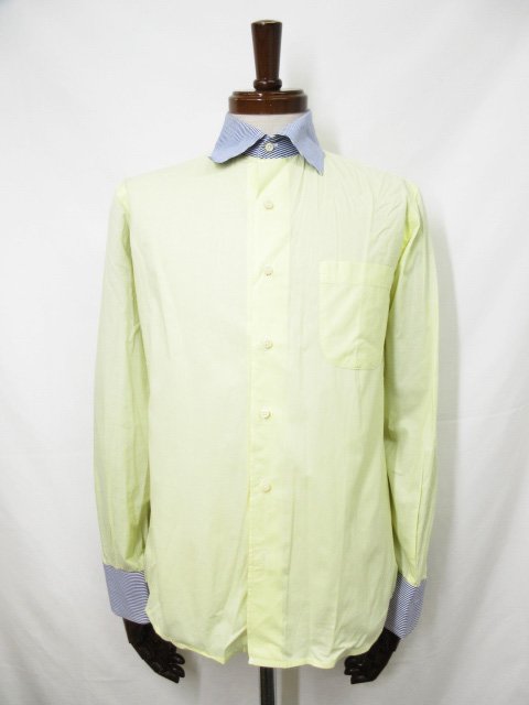 美品【SlowGan スロウガン】 ストライプ柄切替 クレリック ワイドカラー長袖シャツ (メンズ) sizeL イエロー×紺×白 ◇33MK6064◇【中古】