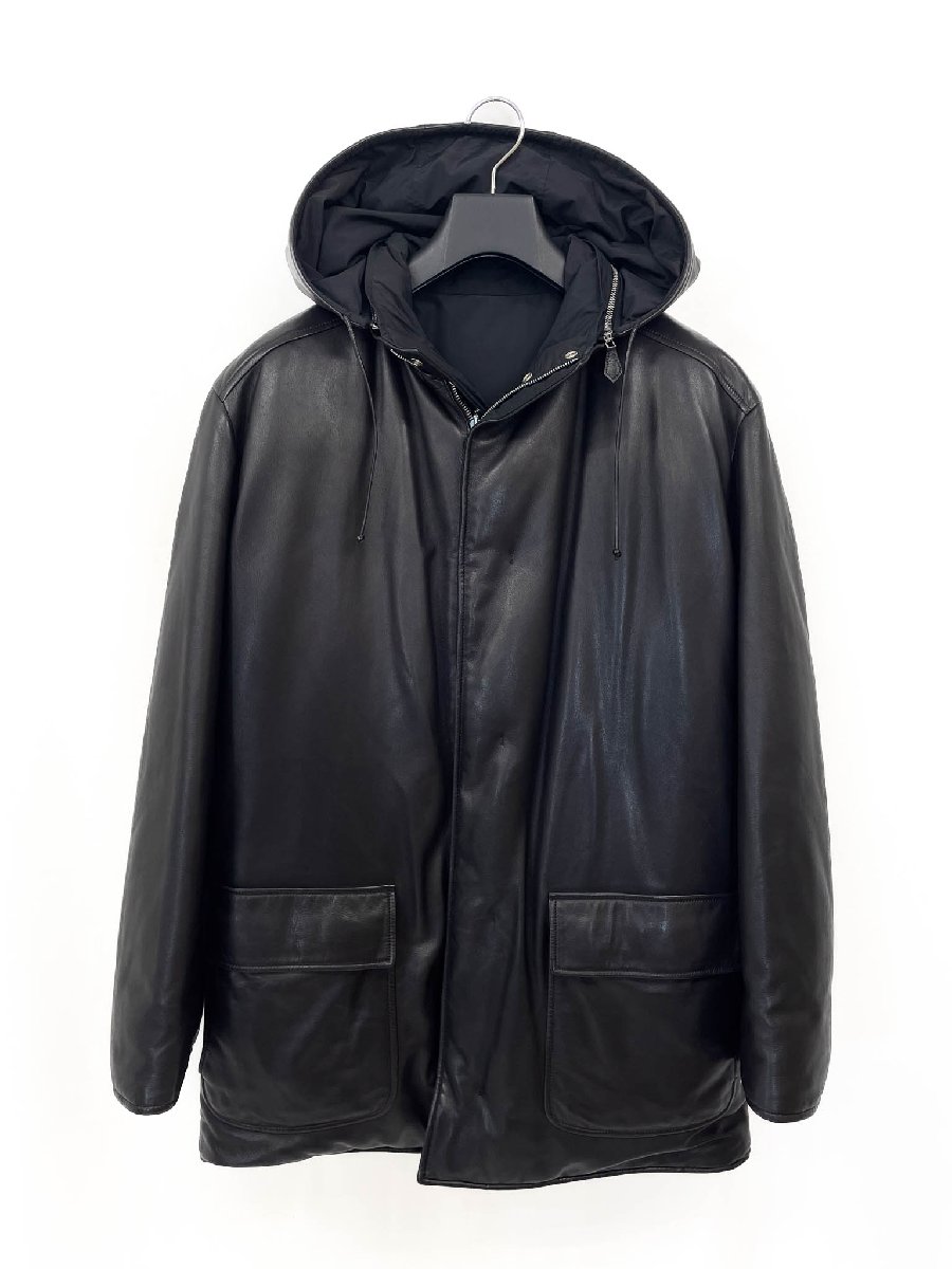 超美品【エルメス HERMES】最高級ラムレザー フード付 2WAY 極上のリバーシブルダウンジャケット (メンズ) 48 ブラック 仏製 ◇17AAA233◇...