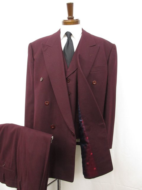 超美品【カスタムテーラーイシカワ CUSTOM TAILOR ISHIKAWA】 ダブル6B 3ピーススーツ (メンズ) size56相当 ボルドー系 無地 ◯33RMS0474【中古】